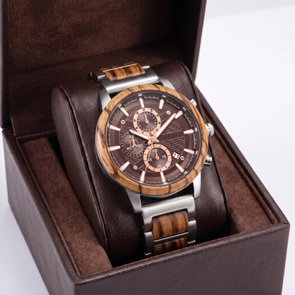 Stylish black brown unisex wood watch featuring a quartz movement & calendar display. A natural, distinctive timepiece.
