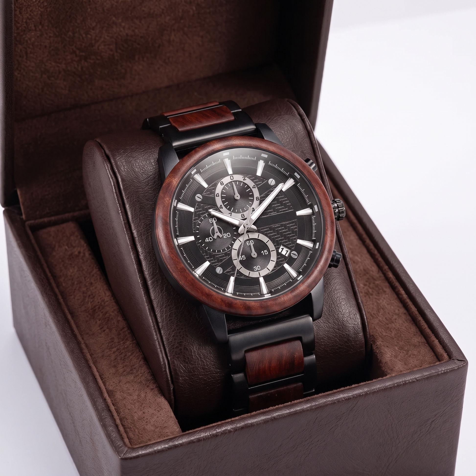 Elegant silver brown unisex wooden watch with quartz movement & calendar. A versatile, natural everyday timepiece.