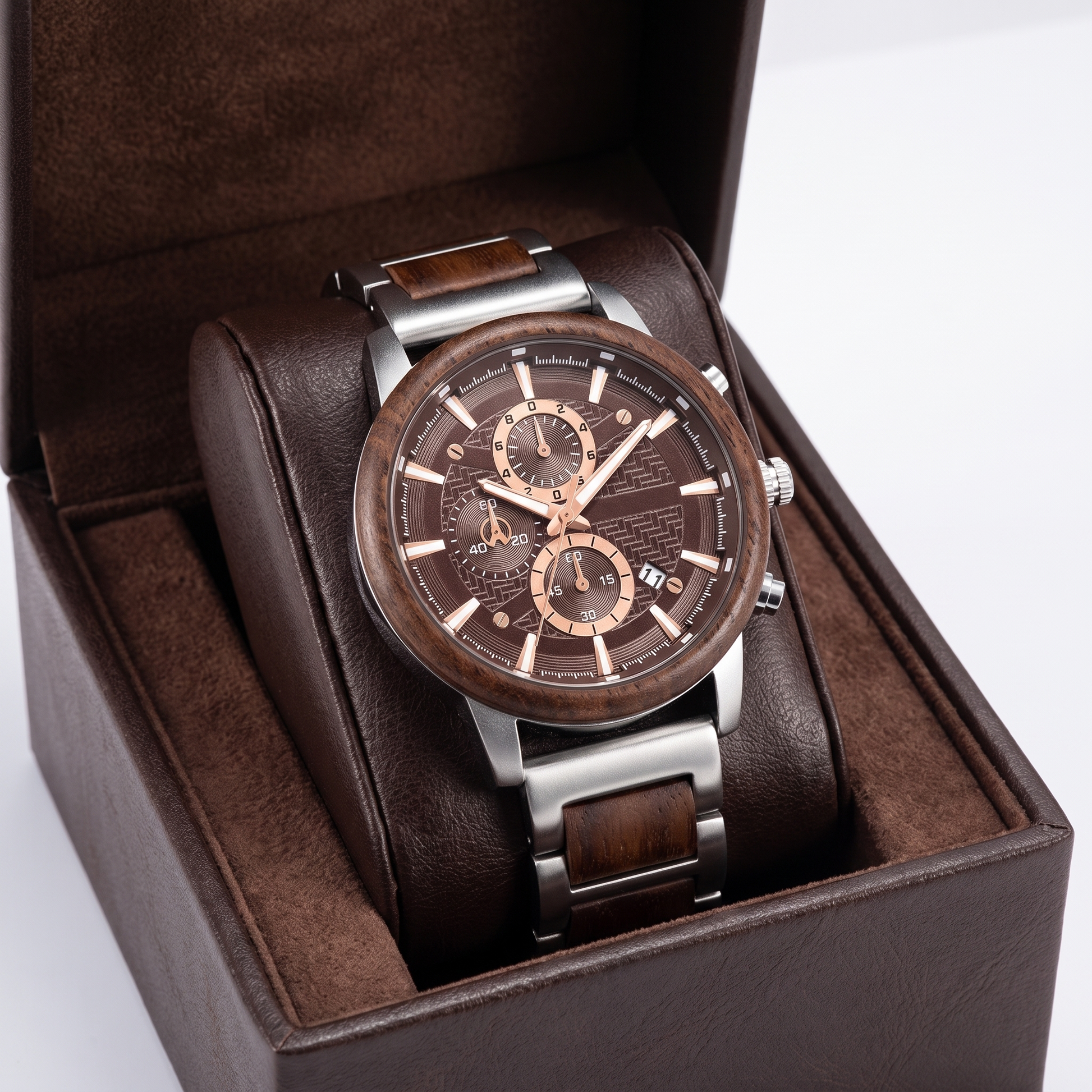 Modern silver khaki unisex wood watch, a quartz calendar timepiece with a natural style. Great for casual outfits.