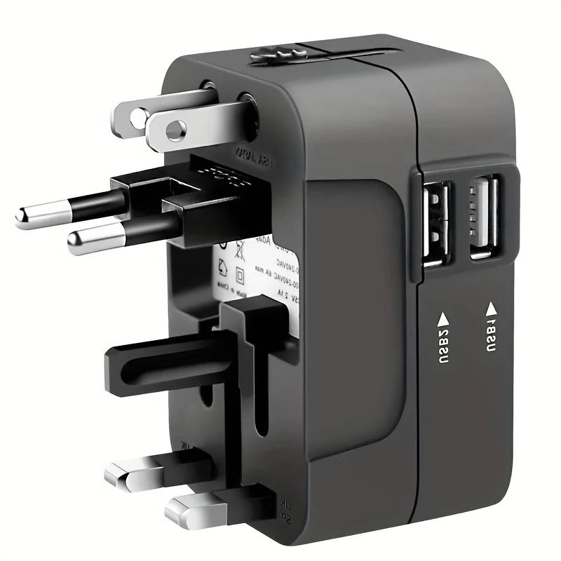 Unisex worldwide travel adapter with dual USB ports for global charging convenience. Essential electronics accessory.
