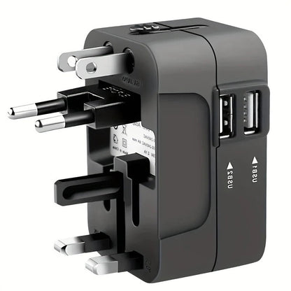 Unisex worldwide travel adapter with dual USB ports for global charging convenience. Essential electronics accessory.