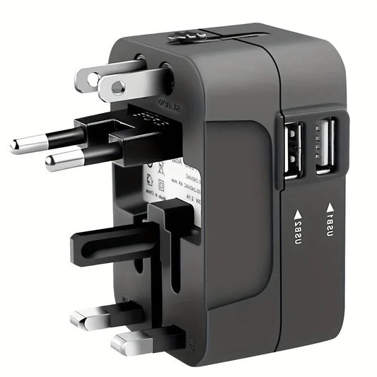 Unisex worldwide travel adapter with dual USB ports for global charging convenience. Essential electronics accessory.