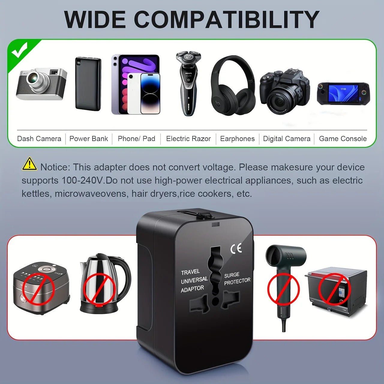 Modern unisex worldwide travel adapter with dual USB. Ready for international charging, a top travel essential.