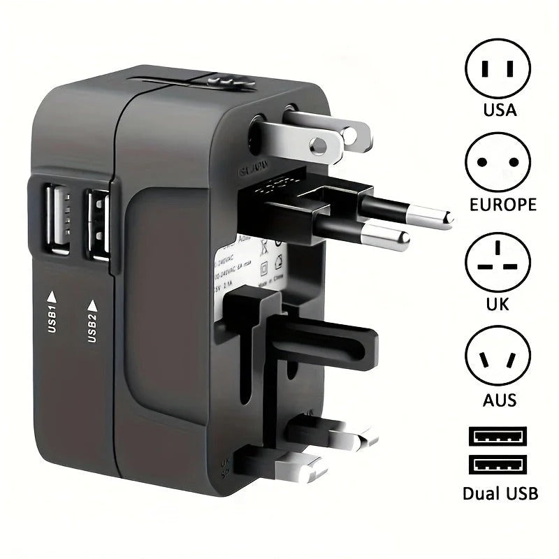 Compact portable worldwide travel adapter with dual USB, international plug compatibility for all your devices.
