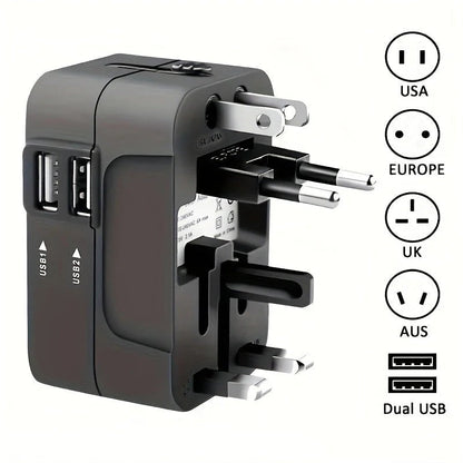 Compact portable worldwide travel adapter with dual USB, international plug compatibility for all your devices.
