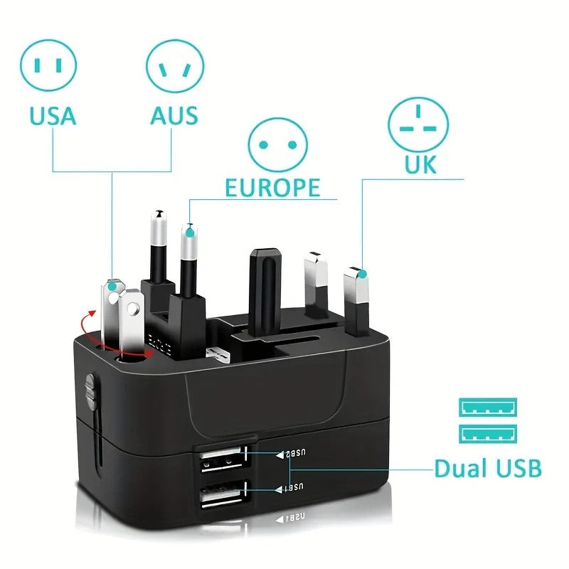 Must-have travel essentials: worldwide power converter with dual USB ports for international device charging.