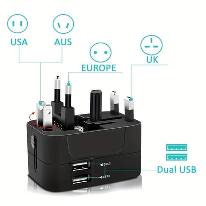 Must-have travel essentials: worldwide power converter with dual USB ports for international device charging.