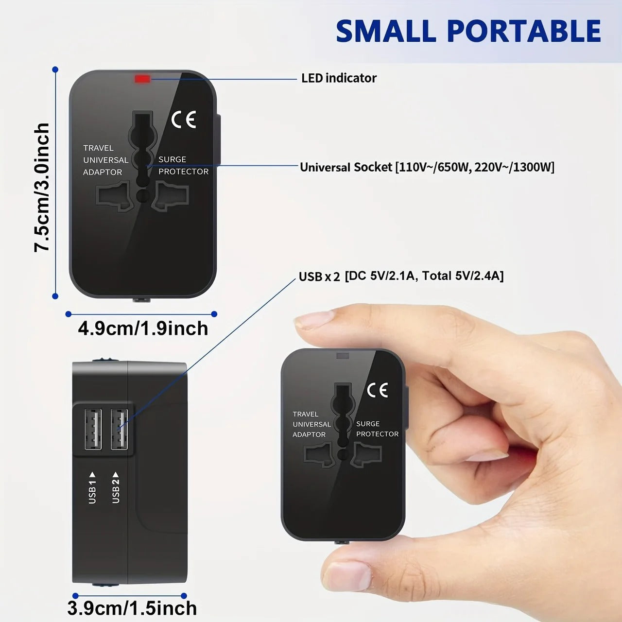 Global travel plug adapter with dual USB ports. International power solution for phones, tablets & more.