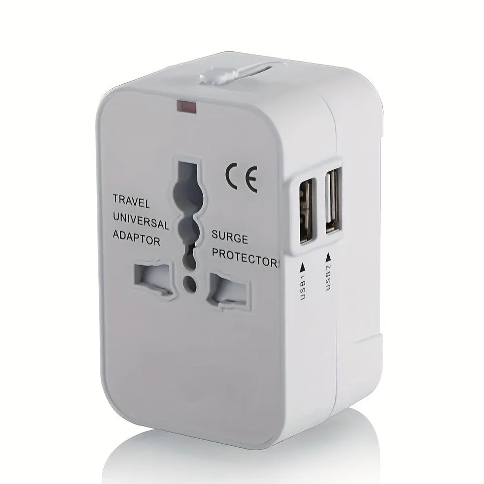 All-in-one worldwide travel adapter with dual USB ports. Convenient international power solution for travelers.