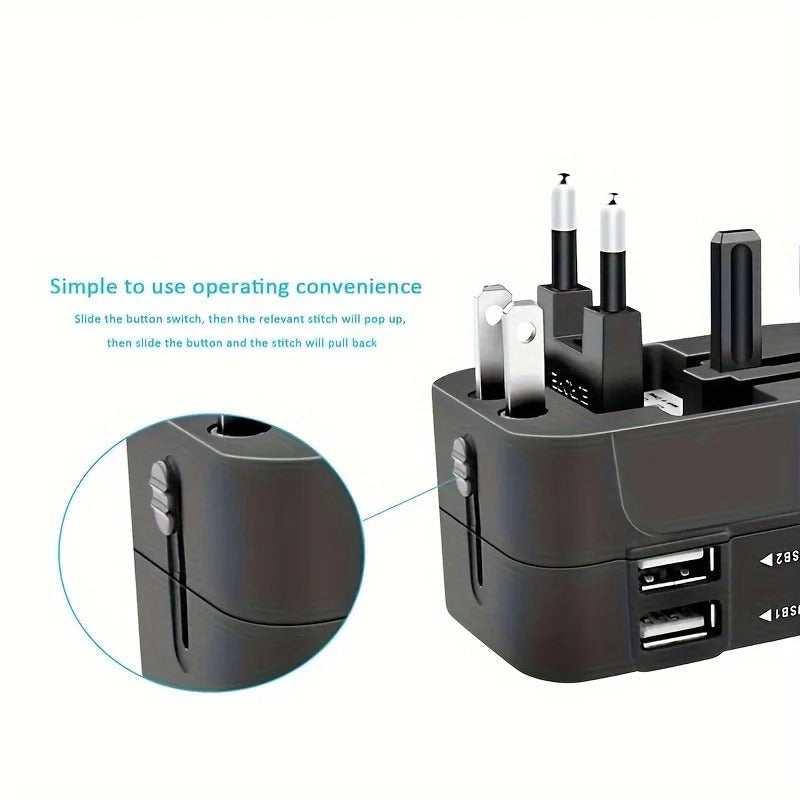 Compact multi-country travel adapter & dual USB charger. Essential for powering devices on global adventures.