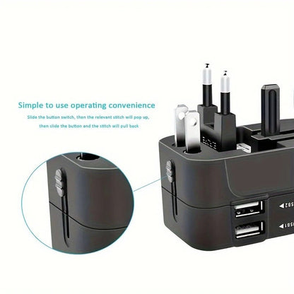 Compact multi-country travel adapter & dual USB charger. Essential for powering devices on global adventures.
