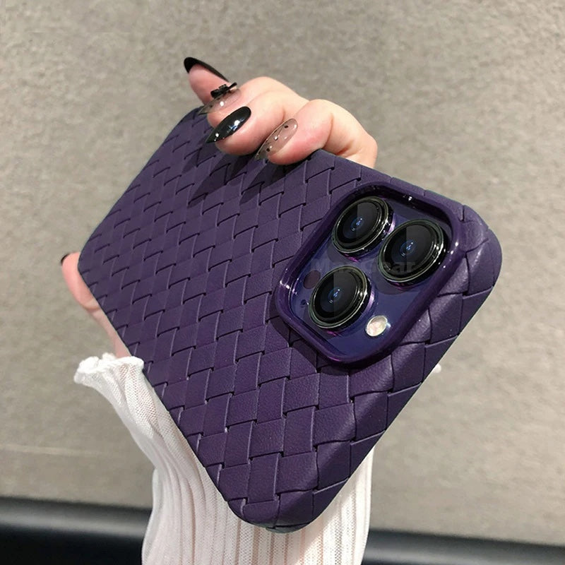 Unisex Woven Texture Protective iPhone Case. Slim, shockproof TPU for wireless charging compatibility & anti-slip grip.