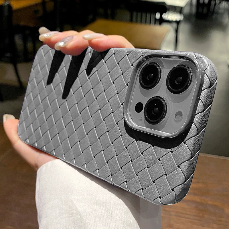 Anti-slip woven texture iPhone case. Slim, shockproof TPU design provides protective grip & designer phone accessory.