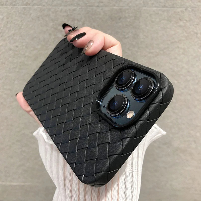Close-up of stylish woven texture on a protective iPhone case. Slim, shockproof TPU for enhanced grip.