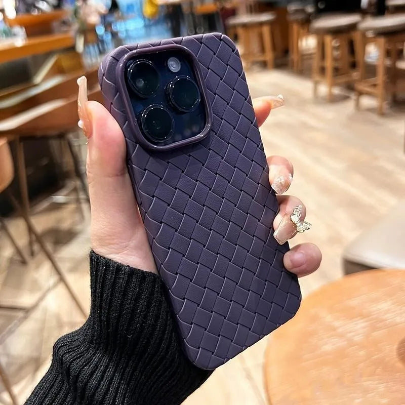 Slim designer iPhone case with unique woven texture. Shockproof, protective TPU allows wireless charging & easy grip.