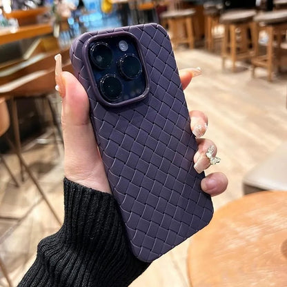 Slim designer iPhone case with unique woven texture. Shockproof, protective TPU allows wireless charging & easy grip.