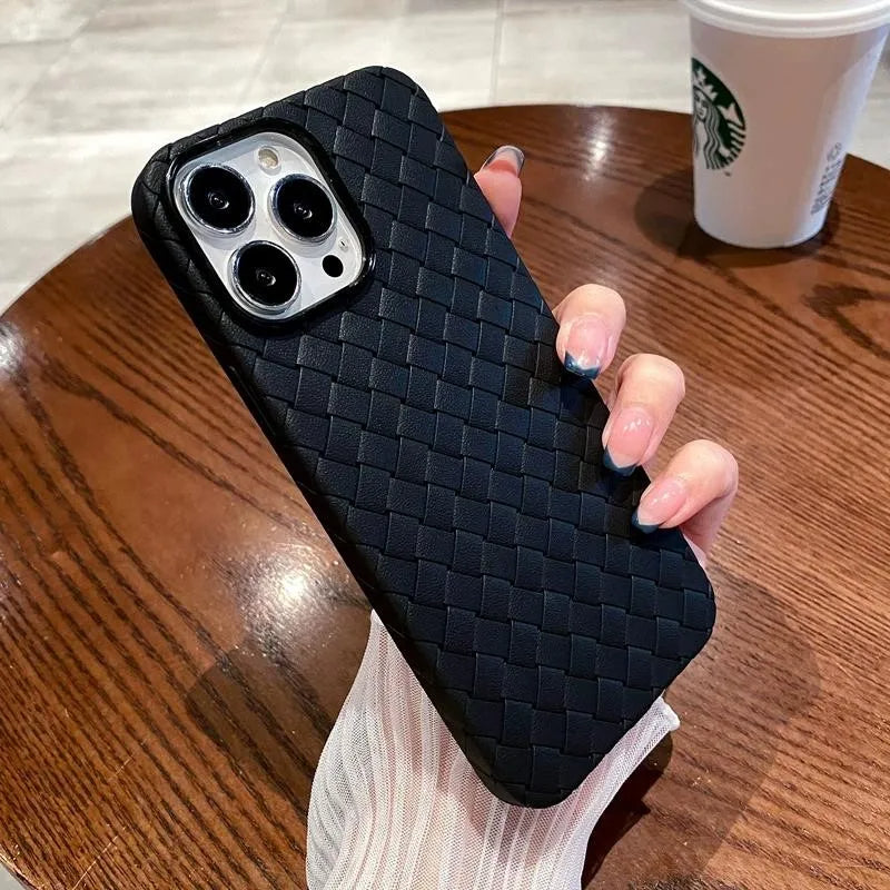 Back view of a protective iPhone case, highlighting the elegant woven texture and slim, shockproof TPU material.