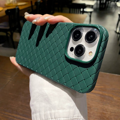 Protective iPhone case with a unique woven texture. Slim, shockproof, and wireless charging compatible TPU accessory.