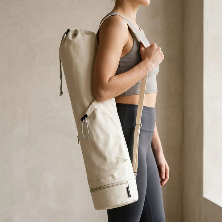Unisex yoga mat carrier bag with adjustable strap & pockets. Perfect for gym, pilates, or fitness.
