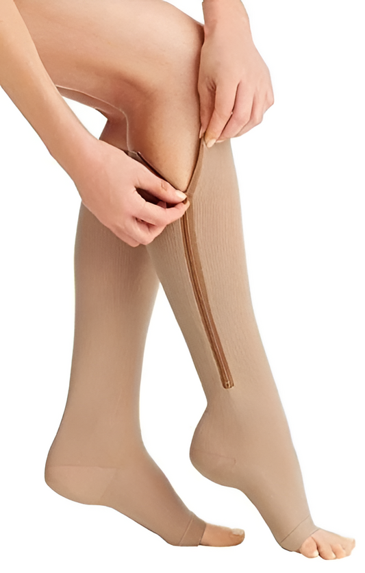 Unisex zippered compression socks 20-30 mmHg for leg support. Ideal for circulation, travel, edema relief.