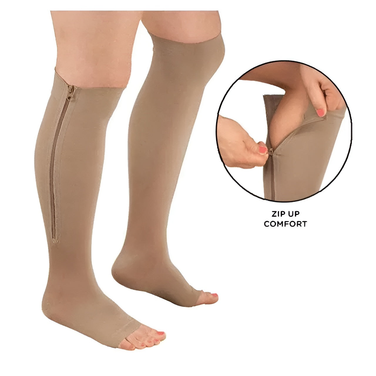 Easy-on zippered compression socks for travel, nursing support & leg comfort. Medical grade 20-30 mmHg.