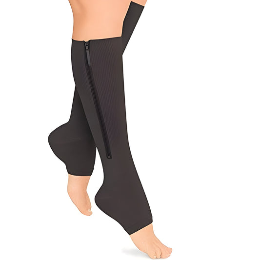 Unisex zippered compression socks, knee-high with open toe, for pain relief, support, & circulation.