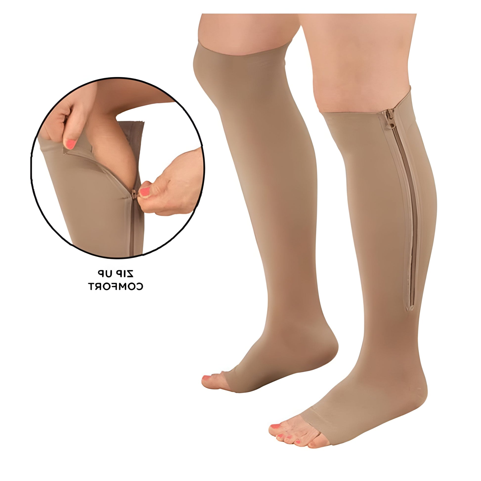 Unisex zippered compression socks for travel comfort, nurse support, athletic recovery, & fatigue relief.