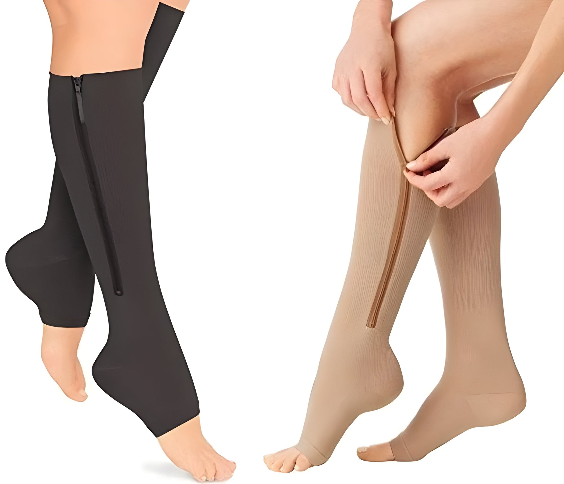 Open-toe zippered compression socks, unisex, for leg support, circulation, pain & fatigue relief.