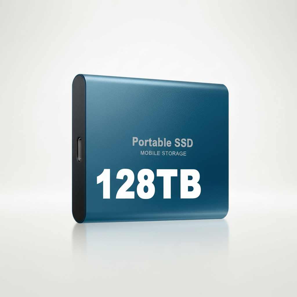 Compact & sleek 128TB external SSD with USB-C, a must-have gadget for fast portable data backup.