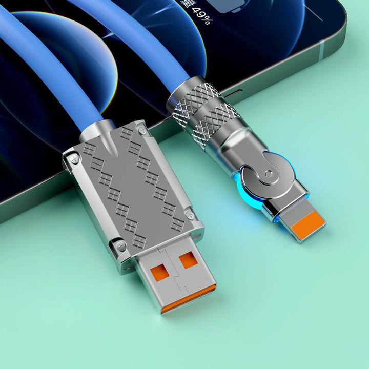 Anti-break universal fast charging cable with 180° rotating connector, 120W power delivery.