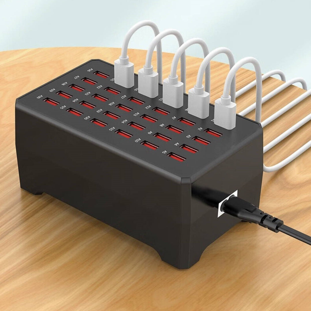 Universal 30-port USB charging station. Rapid device hub for fast charging multiple phones, tablets & electronics.