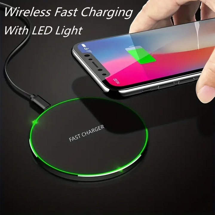 Compact 30W wireless fast charging pad, perfect for desktop or home office. Charges smartphones.