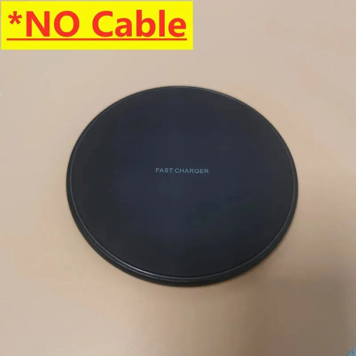 Black 30W universal wireless fast charging pad for quick smartphone power-ups at home or office.