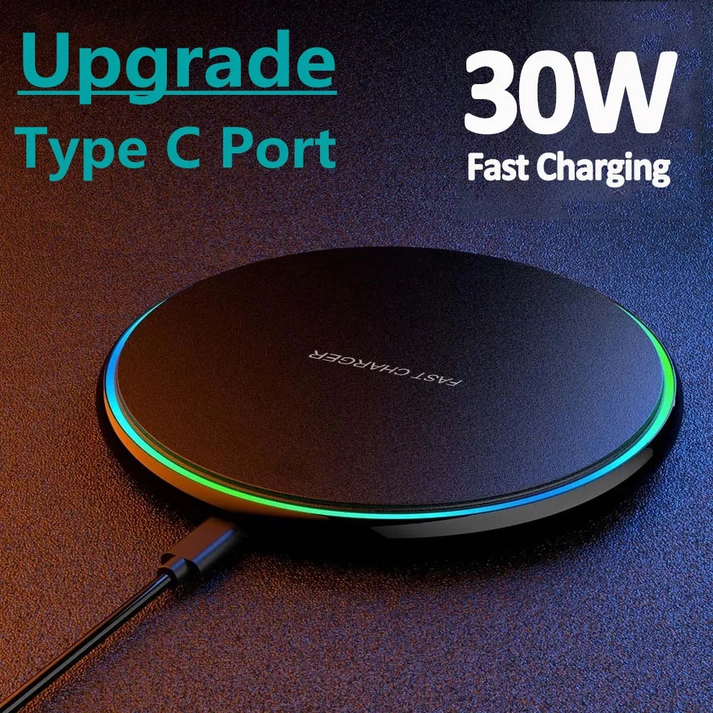 30W fast wireless charger pad for iPhone & other smartphones. Universal induction charging.