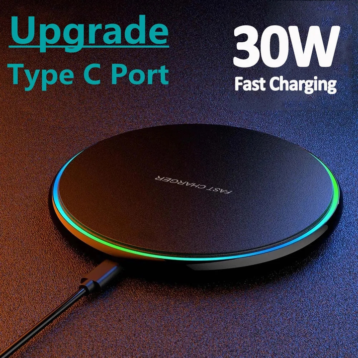 30W fast wireless charger pad for iPhone & other smartphones. Universal induction charging.