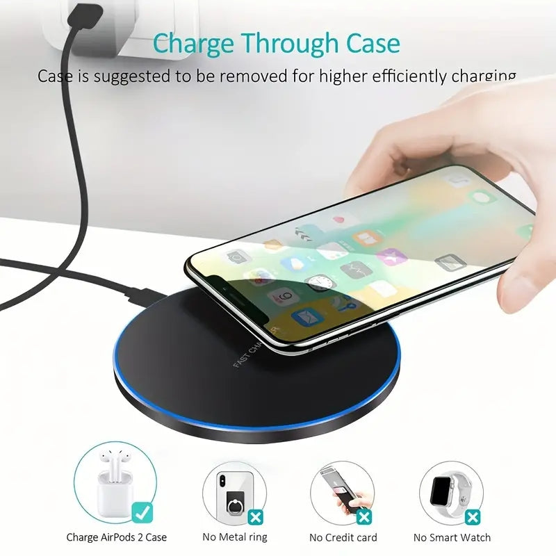 Sleek 30W wireless charging pad for desk or home office. Fast, universal smartphone charging.