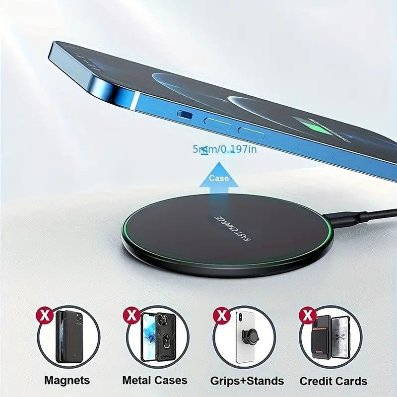 Universal 30W wireless fast charger pad for iPhone, Samsung & all compatible smartphones.