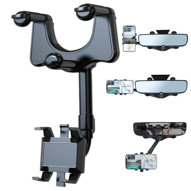 Universal 360° car phone holder securely mounts to rearview mirror for GPS & safe driving.