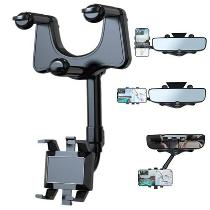 Universal 360° car phone holder securely mounts to rearview mirror for GPS & safe driving.