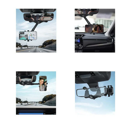Rotatable car phone holder for rearview mirror. Offers 360-degree rotation for optimal GPS viewing & accessibility.