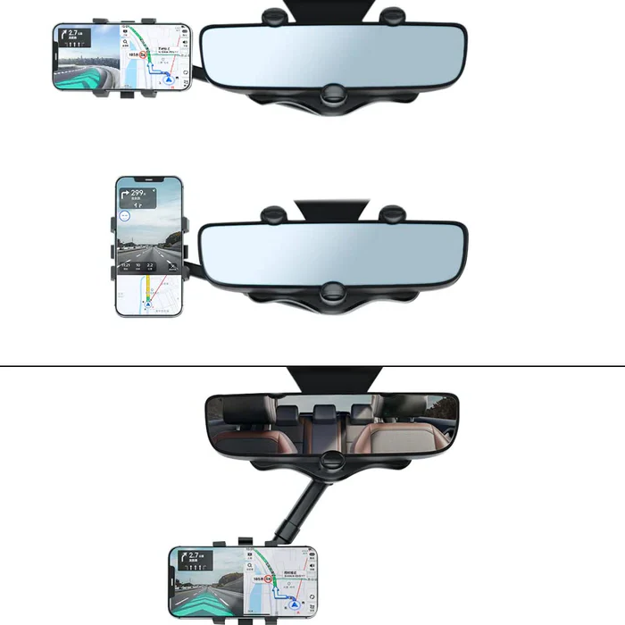 Retractable universal car phone mount attaches to rearview mirror, providing a secure & adjustable holder for your device.