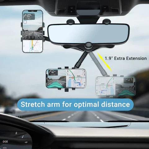 Secure 360° rotating car phone holder attached to a rearview mirror for hands-free GPS & calls.