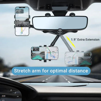 Secure 360° rotating car phone holder attached to a rearview mirror for hands-free GPS & calls.
