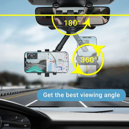 Vehicle accessory: universal rearview mirror phone stand. 360-degree adjustable for safe and convenient phone access.