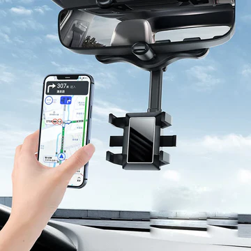 Enhance safe driving with this rotatable & retractable car phone holder. Mounts universally to your rearview mirror.