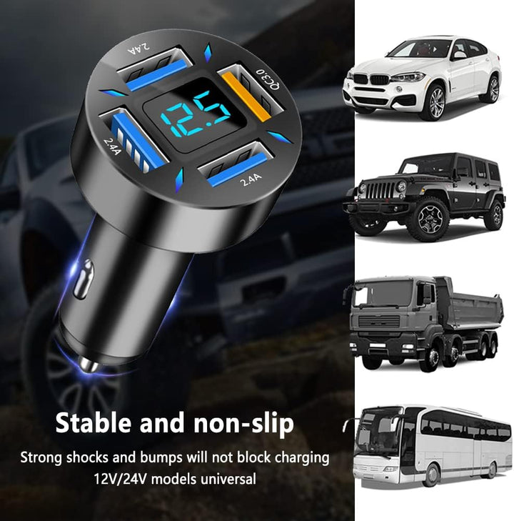 Powerful 66W PD & QC 3.0 car charger for super fast charging of phones and tablets, fits 12-24V sockets.