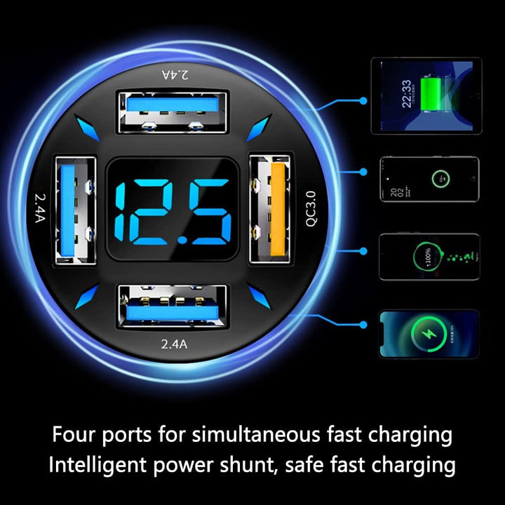 Compact black 66W universal car charger with USB PD & QC 3.0 technology for rapid device charging.