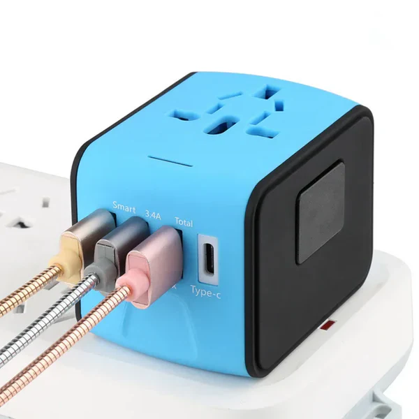 Universal All-in-One Travel Power Adapter for worldwide charging. Global plug converter with multi-USB ports.