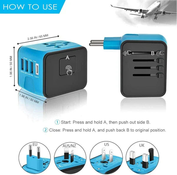 Portable world adapter charging multiple devices simultaneously with multi-USB ports. Safe universal travel charger.