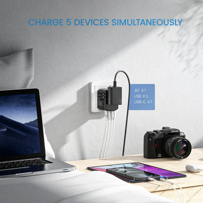 All-in-one universal adapter with multiple plug types and USB ports. Essential portable power for world travelers.